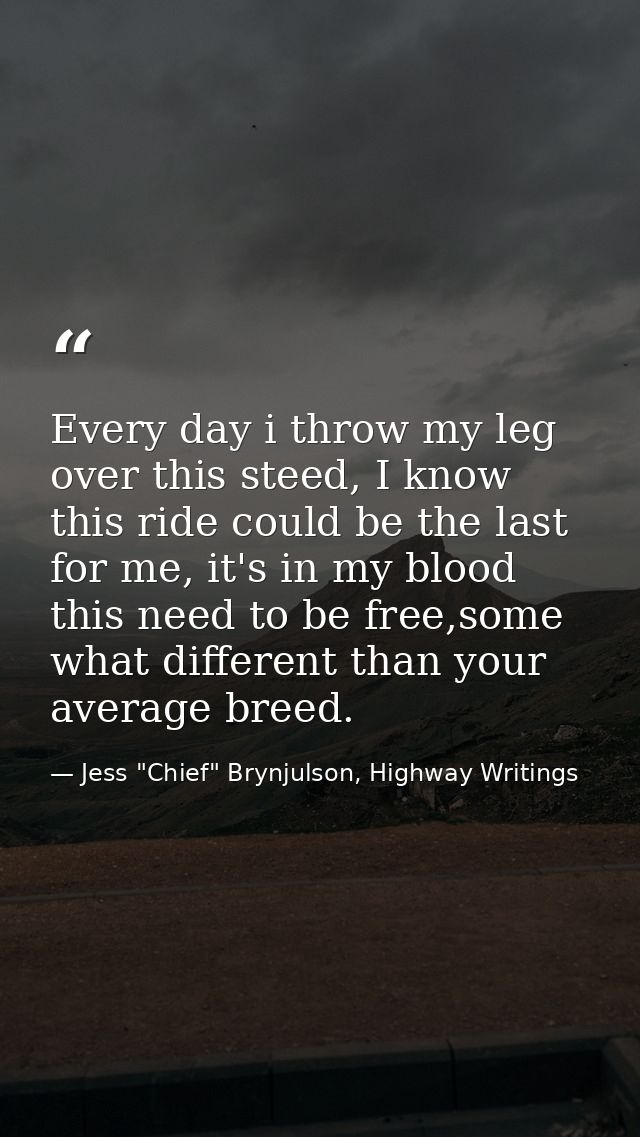 Every day i throw my leg over this steed, I know this ride could be the last for me, it's in my blood this need to be fr — Jess "Chief" Brynjulson, Highway Writings