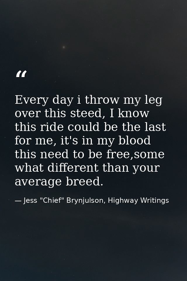 Every day i throw my leg over this steed, I know this ride could be the last for me, it's in my blood this need to be fr — Jess "Chief" Brynjulson, Highway Writings