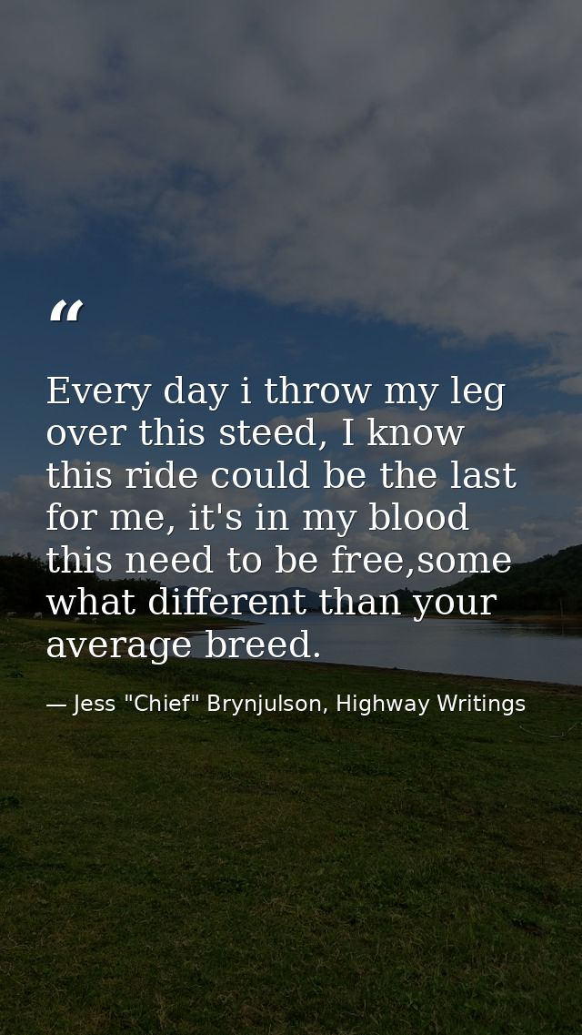 Every day i throw my leg over this steed, I know this ride could be the last for me, it's in my blood this need to be fr — Jess "Chief" Brynjulson, Highway Writings