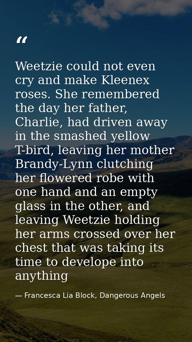 Weetzie could not even cry and make Kleenex roses. She remembered the day her father, Charlie, had driven away in the sm — Francesca Lia Block, Dangerous Angels