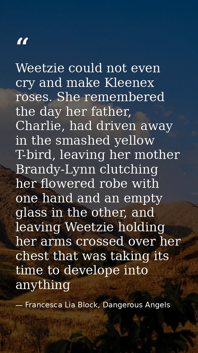 Weetzie could not even cry and make Kleenex roses. She remembered the day her father, Charlie, had driven away in the sm — Francesca Lia Block, Dangerous Angels