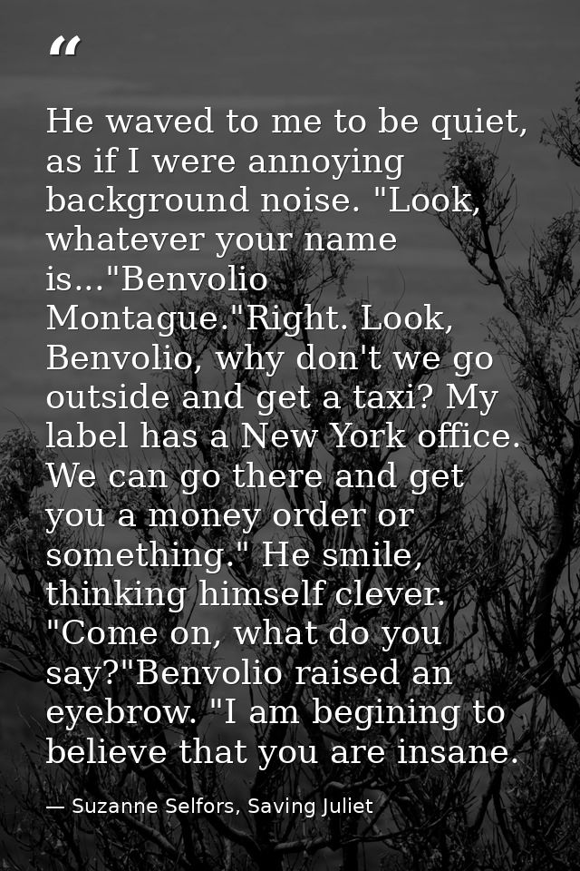He waved to me to be quiet, as if I were annoying background noise. "Look, whatever your name is..."Benvolio Montague."R — Suzanne Selfors, Saving Juliet