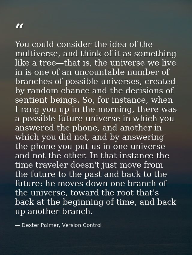 You could consider the idea of the multiverse, and think of it as something like a tree—that is, the universe we live in — Dexter Palmer, Version Control