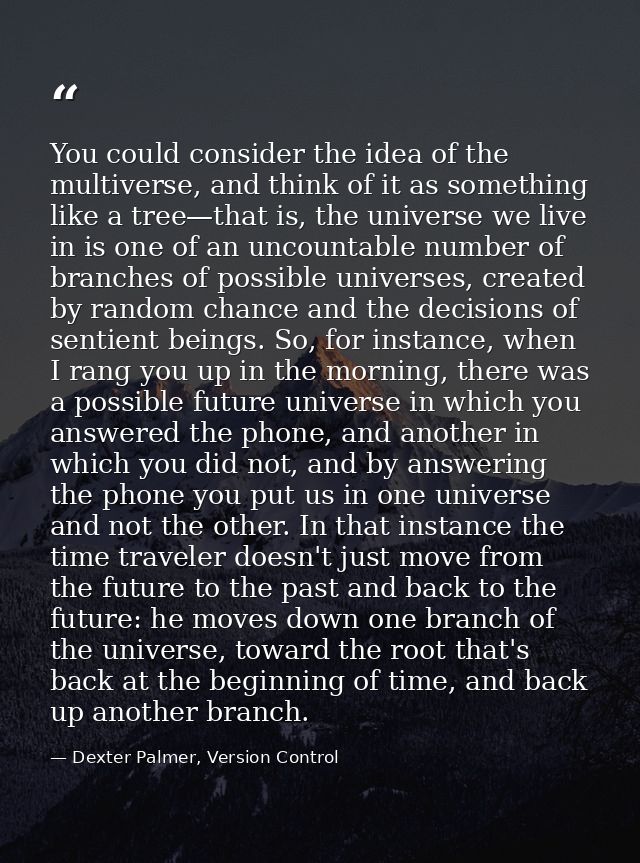 You could consider the idea of the multiverse, and think of it as something like a tree—that is, the universe we live in — Dexter Palmer, Version Control