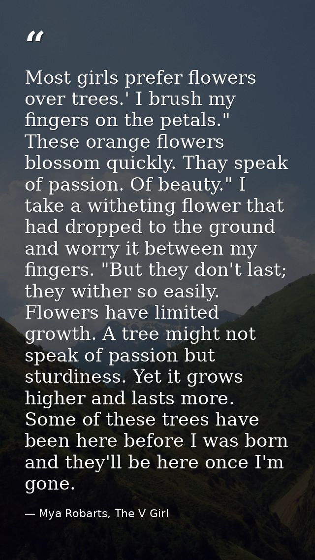 Most girls prefer flowers over trees.' I brush my fingers on the petals." These orange flowers blossom quickly. Thay spe — Mya Robarts, The V Girl