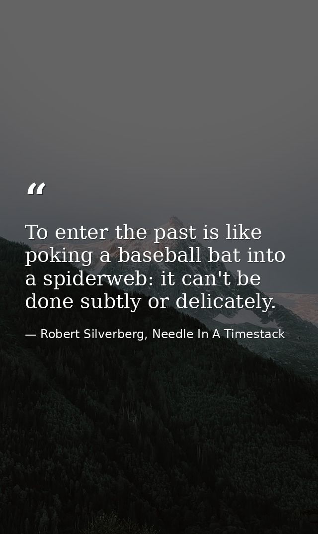To enter the past is like poking a baseball bat into a spiderweb: it can't be done subtly or delicately. — Robert Silverberg, Needle In A Timestack