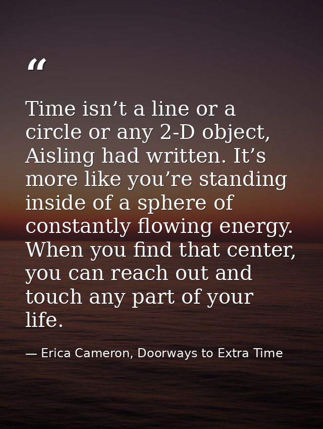 Time isn’t a line or a circle or any 2-D object, Aisling had written. It’s more like you’re standing inside of a sphere  — Erica Cameron, Doorways to Extra Time