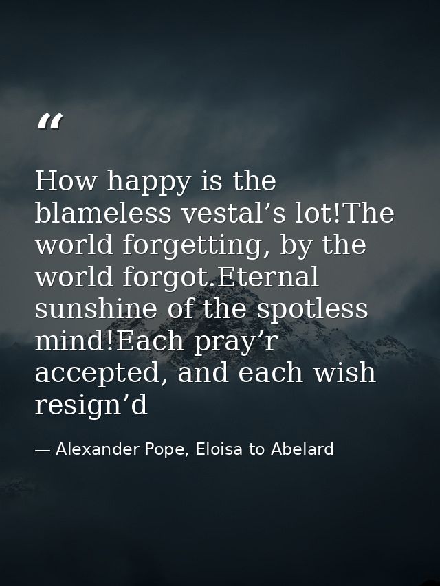How happy is the blameless vestal’s lot!The world forgetting, by the world forgot.Eternal sunshine of the spotless mind! — Alexander Pope, Eloisa to Abelard