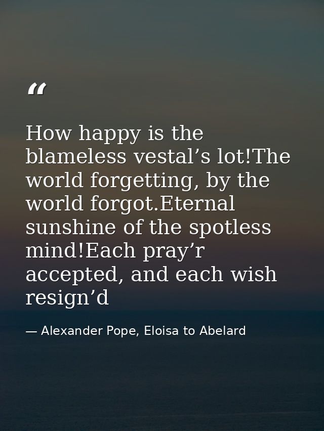 How happy is the blameless vestal’s lot!The world forgetting, by the world forgot.Eternal sunshine of the spotless mind! — Alexander Pope, Eloisa to Abelard