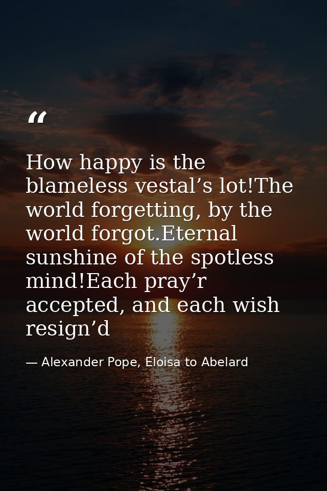 How happy is the blameless vestal’s lot!The world forgetting, by the world forgot.Eternal sunshine of the spotless mind! — Alexander Pope, Eloisa to Abelard