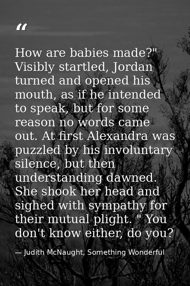 How are babies made?" Visibly startled, Jordan turned and opened his mouth, as if he intended to speak, but for some rea — Judith McNaught, Something Wonderful