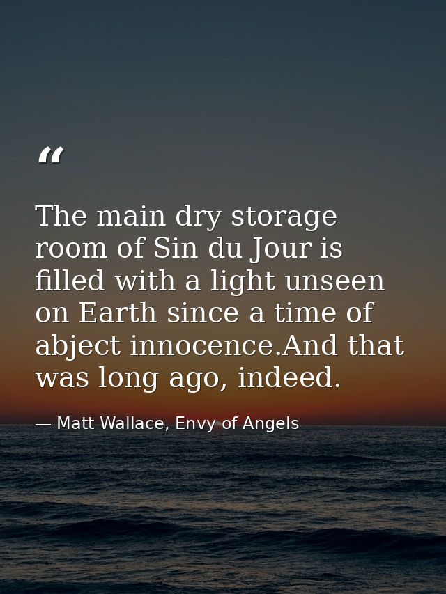 The main dry storage room of Sin du Jour is filled with a light unseen on Earth since a time of abject innocence.And tha — Matt Wallace, Envy of Angels