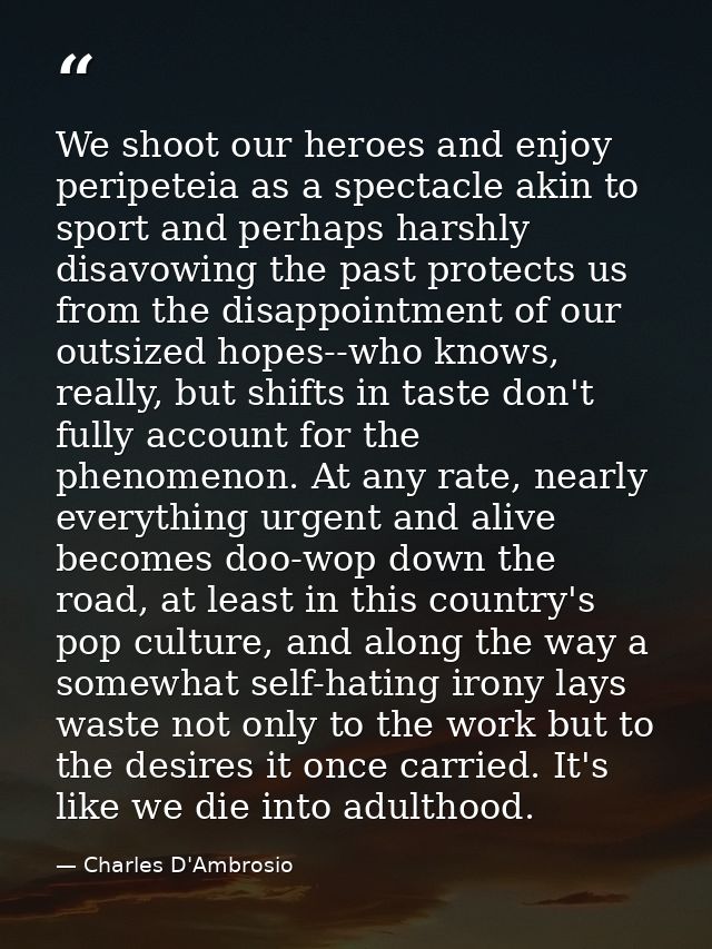 We shoot our heroes and enjoy peripeteia as a spectacle akin to sport and perhaps harshly disavowing the past protects u — Charles D'Ambrosio