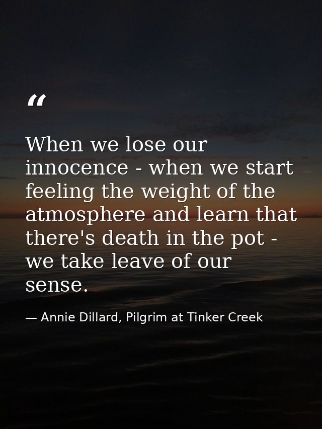 When we lose our innocence - when we start feeling the weight of the atmosphere and learn that there's death in the pot  — Annie Dillard, Pilgrim at Tinker Creek