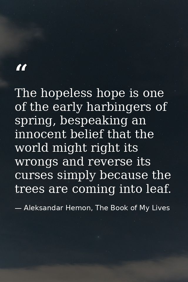The hopeless hope is one of the early harbingers of spring, bespeaking an innocent belief that the world might right its — Aleksandar Hemon, The Book of My Lives
