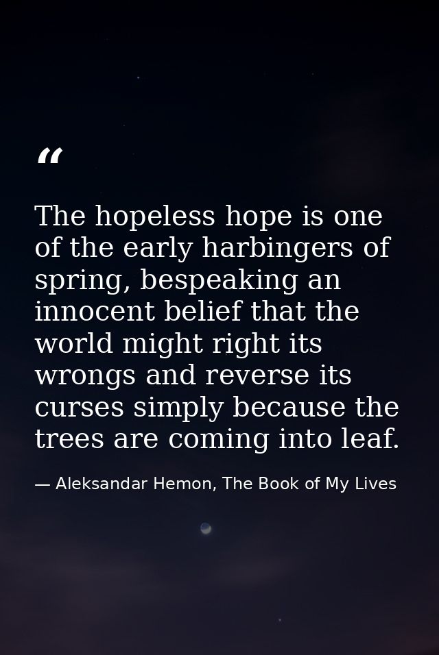 The hopeless hope is one of the early harbingers of spring, bespeaking an innocent belief that the world might right its — Aleksandar Hemon, The Book of My Lives