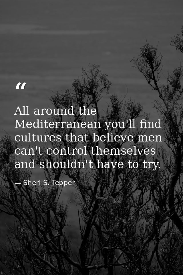 All around the Mediterranean you'll find cultures that believe men can't control themselves and shouldn't have to try. — Sheri S. Tepper
