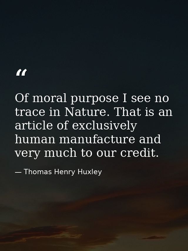 Of moral purpose I see no trace in Nature. That is an article of exclusively human manufacture and very much to our cred — Thomas Henry Huxley