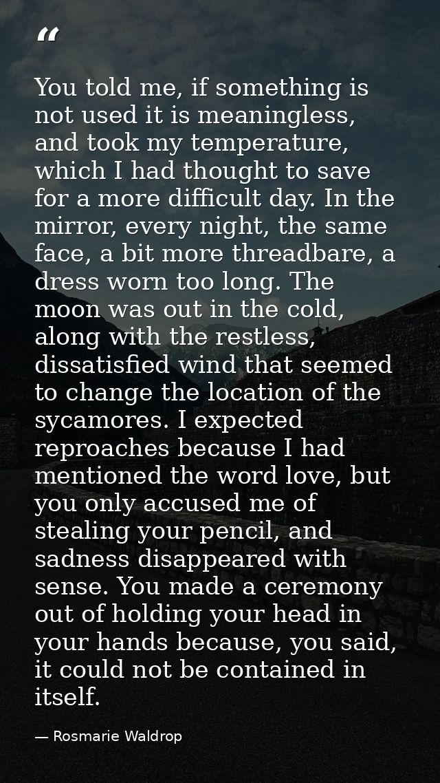 You told me, if something is not used it is meaningless, and took my temperature, which I had thought to save for a more — Rosmarie Waldrop