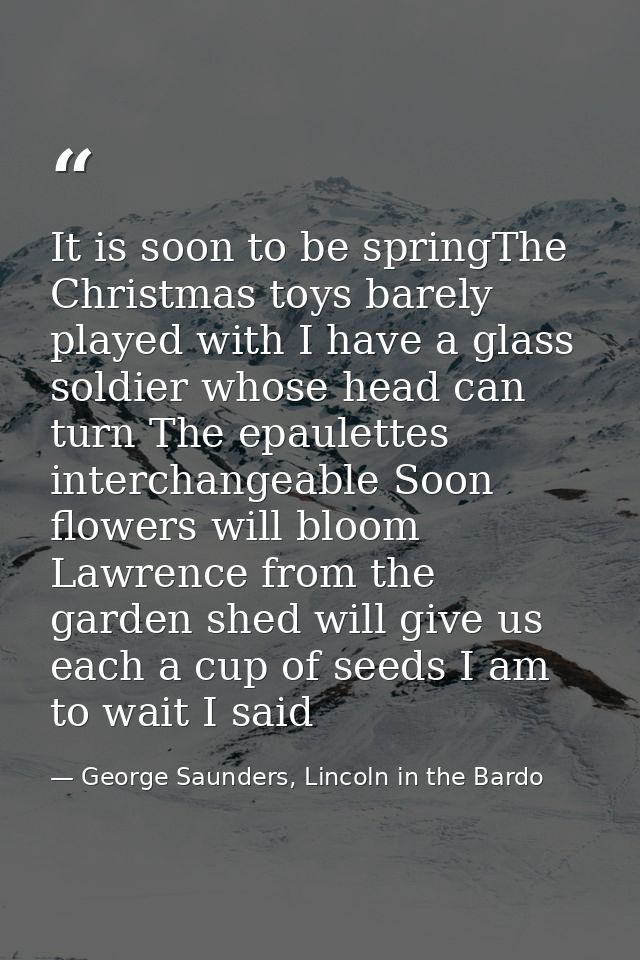 It is soon to be springThe Christmas toys barely played with I have a glass soldier whose head can turn The epaulettes i — George Saunders, Lincoln in the Bardo
