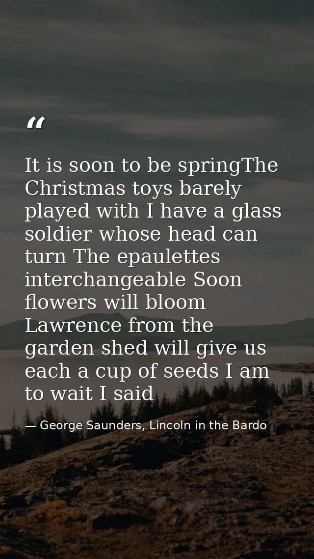 It is soon to be springThe Christmas toys barely played with I have a glass soldier whose head can turn The epaulettes i — George Saunders, Lincoln in the Bardo