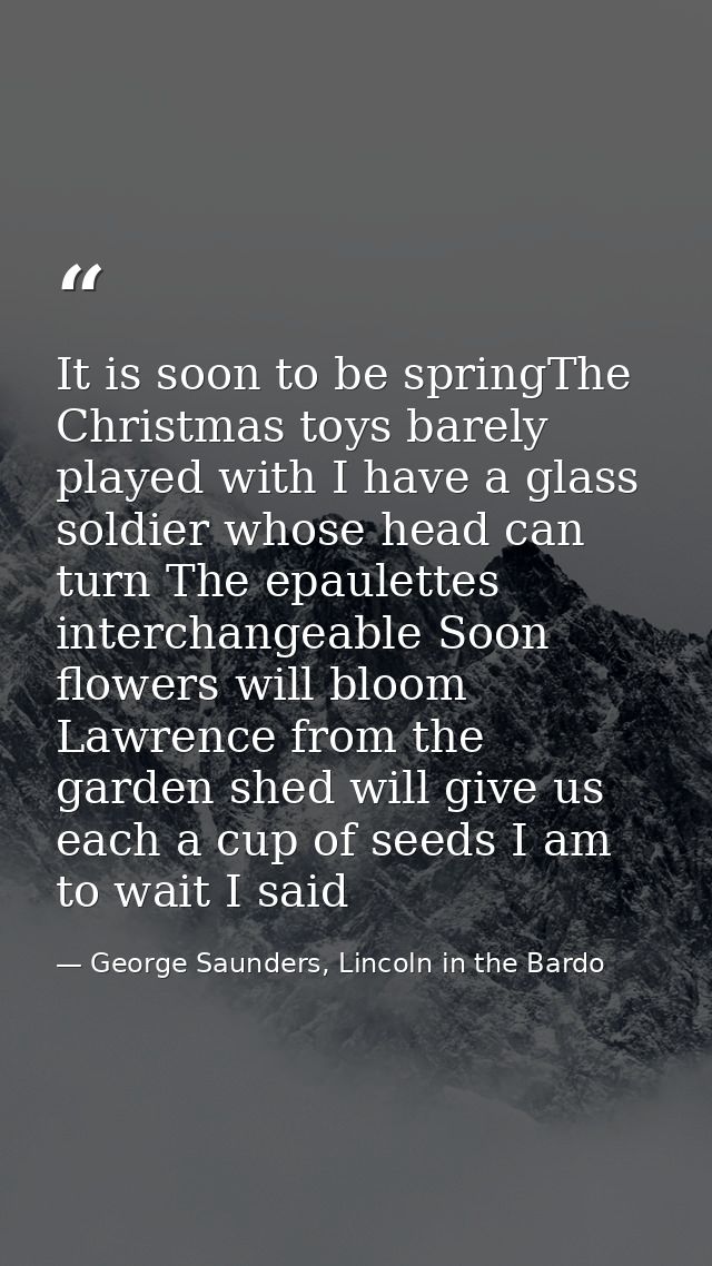 It is soon to be springThe Christmas toys barely played with I have a glass soldier whose head can turn The epaulettes i — George Saunders, Lincoln in the Bardo