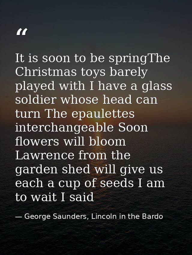 It is soon to be springThe Christmas toys barely played with I have a glass soldier whose head can turn The epaulettes i — George Saunders, Lincoln in the Bardo