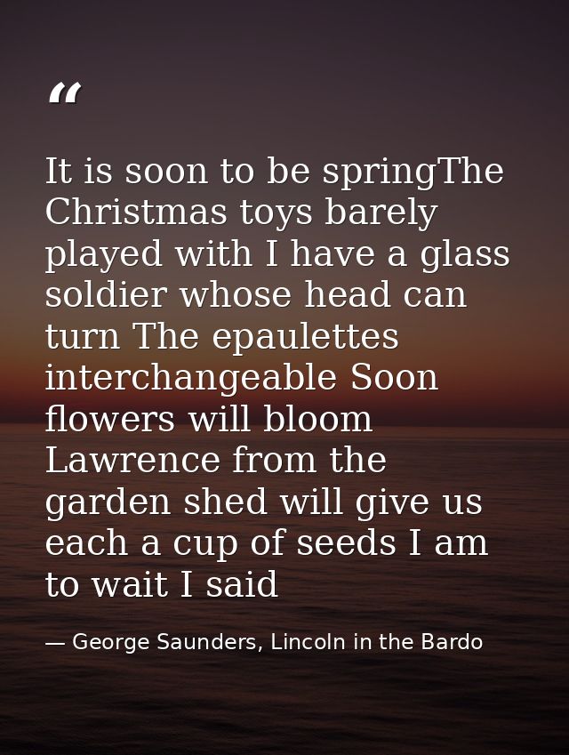 It is soon to be springThe Christmas toys barely played with I have a glass soldier whose head can turn The epaulettes i — George Saunders, Lincoln in the Bardo