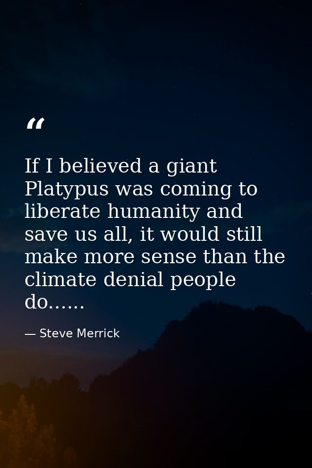If I believed a giant Platypus was coming to liberate humanity and save us all, it would still make more sense than the  — Steve Merrick