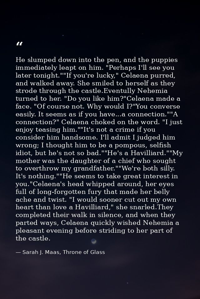 He slumped down into the pen, and the puppies immediately leapt on him. "Perhaps I'll see you later tonight.""If you're  — Sarah J. Maas, Throne of Glass