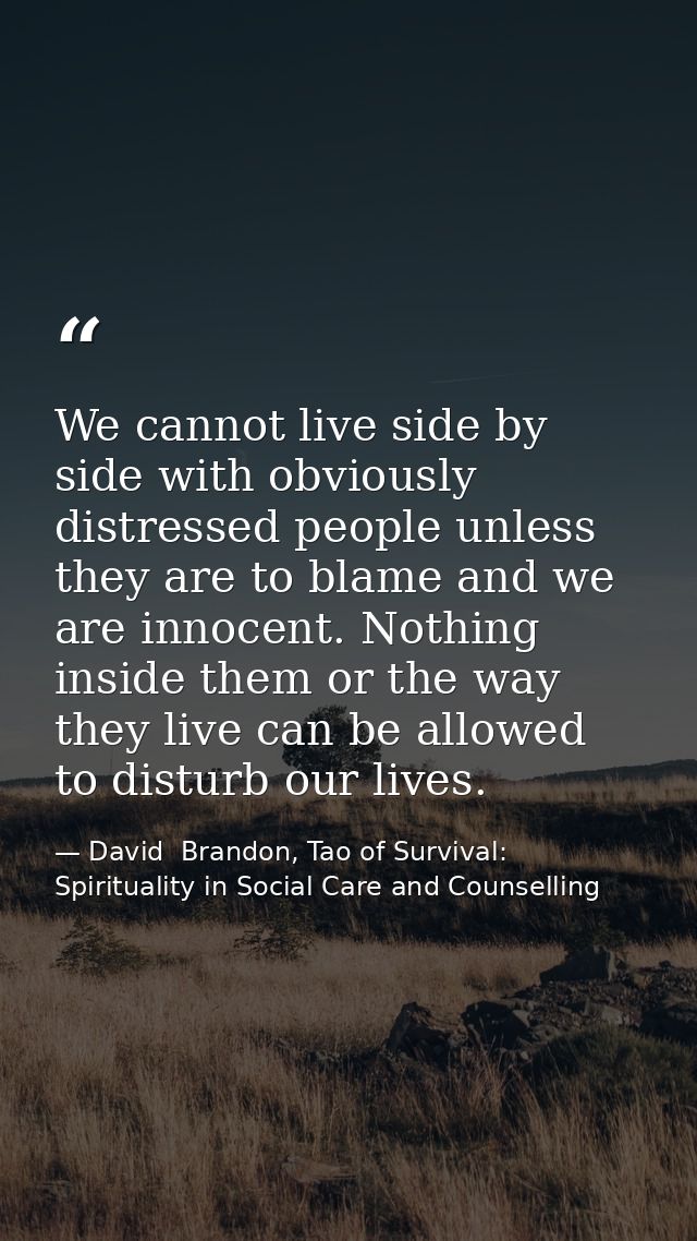 We cannot live side by side with obviously distressed people unless they are to blame and we are innocent. Nothing insid — David  Brandon, Tao of Survival: Spirituality in Social Care and Counselling