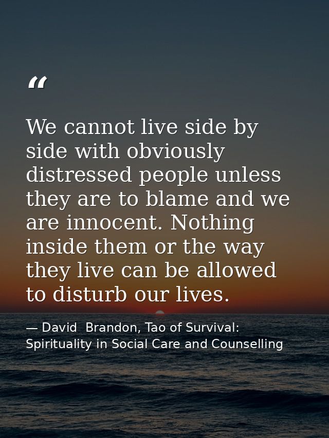 We cannot live side by side with obviously distressed people unless they are to blame and we are innocent. Nothing insid — David  Brandon, Tao of Survival: Spirituality in Social Care and Counselling