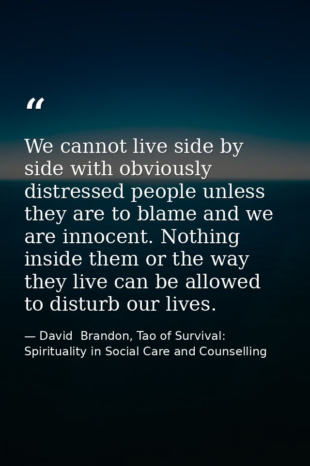 We cannot live side by side with obviously distressed people unless they are to blame and we are innocent. Nothing insid — David  Brandon, Tao of Survival: Spirituality in Social Care and Counselling