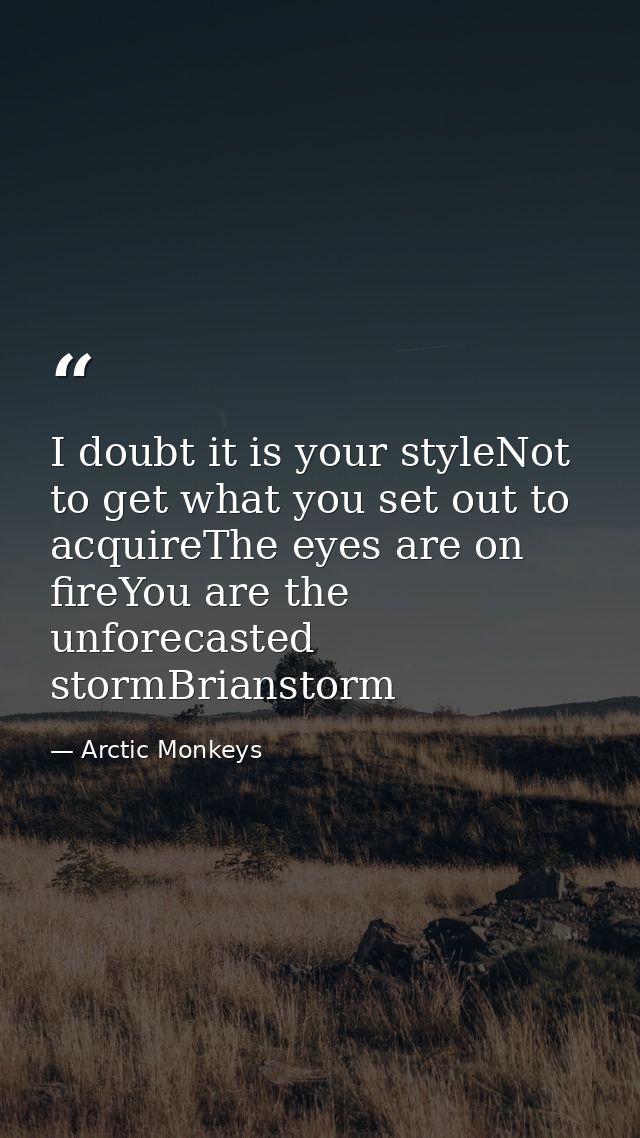 I doubt it is your styleNot to get what you set out to acquireThe eyes are on fireYou are the unforecasted stormBriansto — Arctic Monkeys