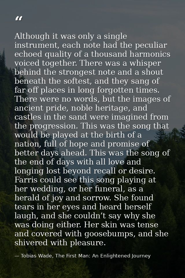 Although it was only a single instrument, each note had the peculiar echoed quality of a thousand harmonics voiced toget — Tobias Wade, The First Man: An Enlightened Journey