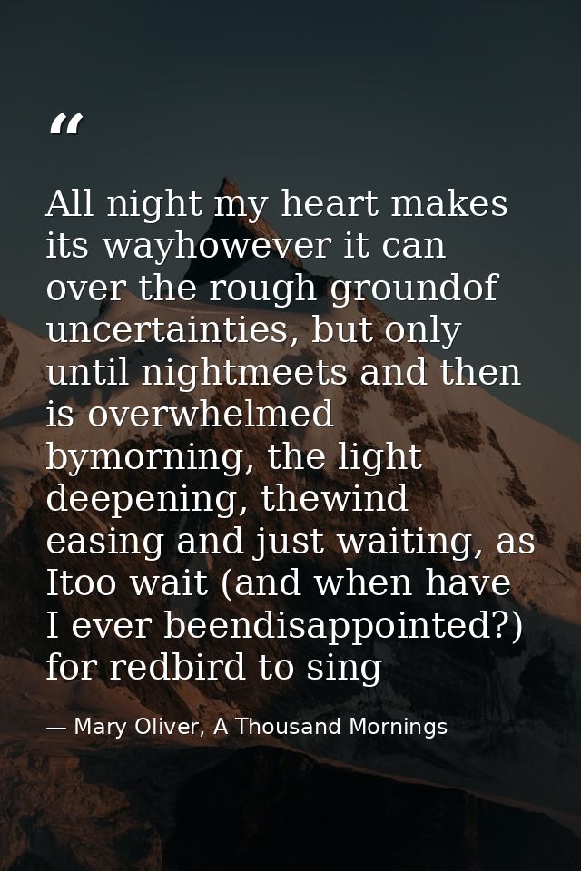 All night my heart makes its wayhowever it can over the rough groundof uncertainties, but only until nightmeets and then — Mary Oliver, A Thousand Mornings