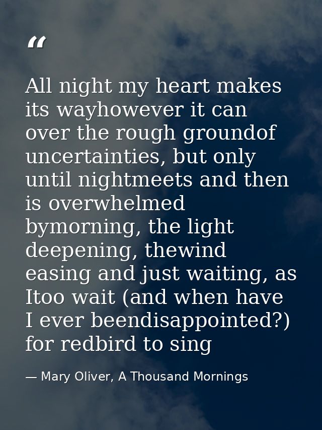 All night my heart makes its wayhowever it can over the rough groundof uncertainties, but only until nightmeets and then — Mary Oliver, A Thousand Mornings