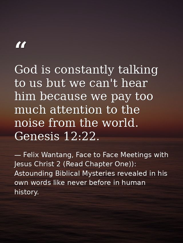 God is constantly talking to us but we can't hear him because we pay too much attention to the noise from the world. Gen — Felix Wantang, Face to Face Meetings with Jesus Christ 2 (Read Chapter One)): Astounding Biblical Mysteries revealed in his own words like never before in human history.