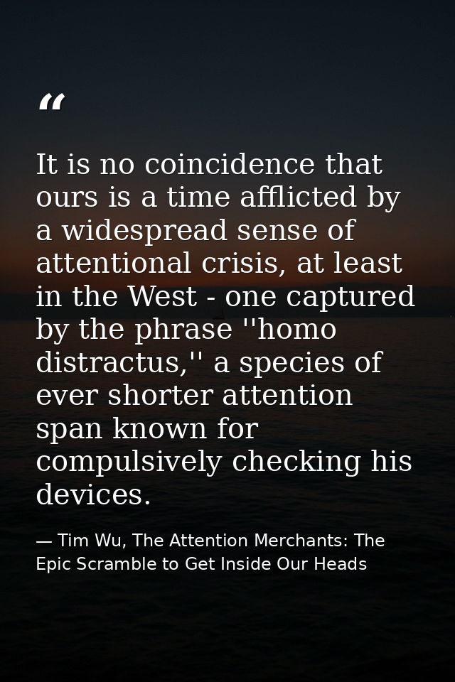 It is no coincidence that ours is a time afflicted by a widespread sense of attentional crisis, at least in the West - o — Tim Wu, The Attention Merchants: The Epic Scramble to Get Inside Our Heads
