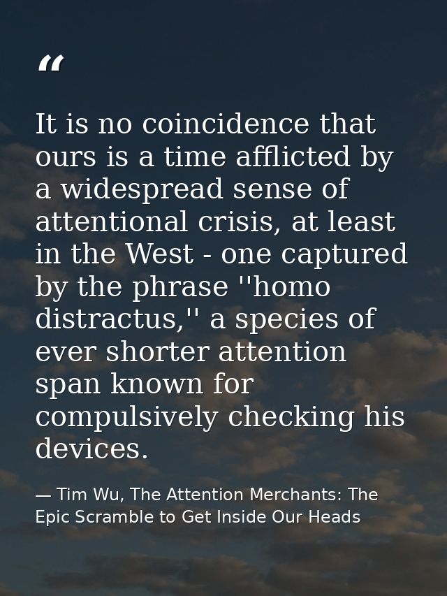 It is no coincidence that ours is a time afflicted by a widespread sense of attentional crisis, at least in the West - o — Tim Wu, The Attention Merchants: The Epic Scramble to Get Inside Our Heads