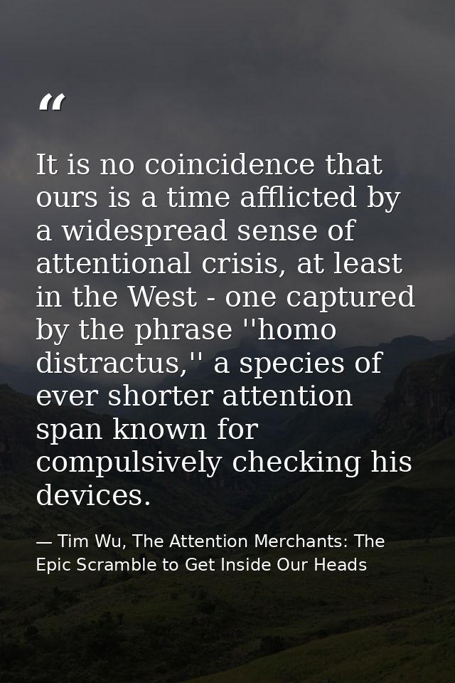 It is no coincidence that ours is a time afflicted by a widespread sense of attentional crisis, at least in the West - o — Tim Wu, The Attention Merchants: The Epic Scramble to Get Inside Our Heads