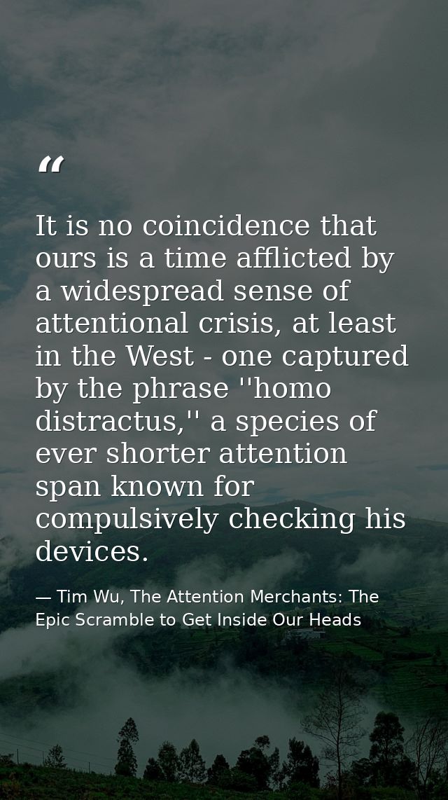 It is no coincidence that ours is a time afflicted by a widespread sense of attentional crisis, at least in the West - o — Tim Wu, The Attention Merchants: The Epic Scramble to Get Inside Our Heads