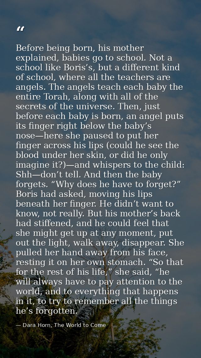 Before being born, his mother explained, babies go to school. Not a school like Boris’s, but a different kind of school, — Dara Horn, The World to Come