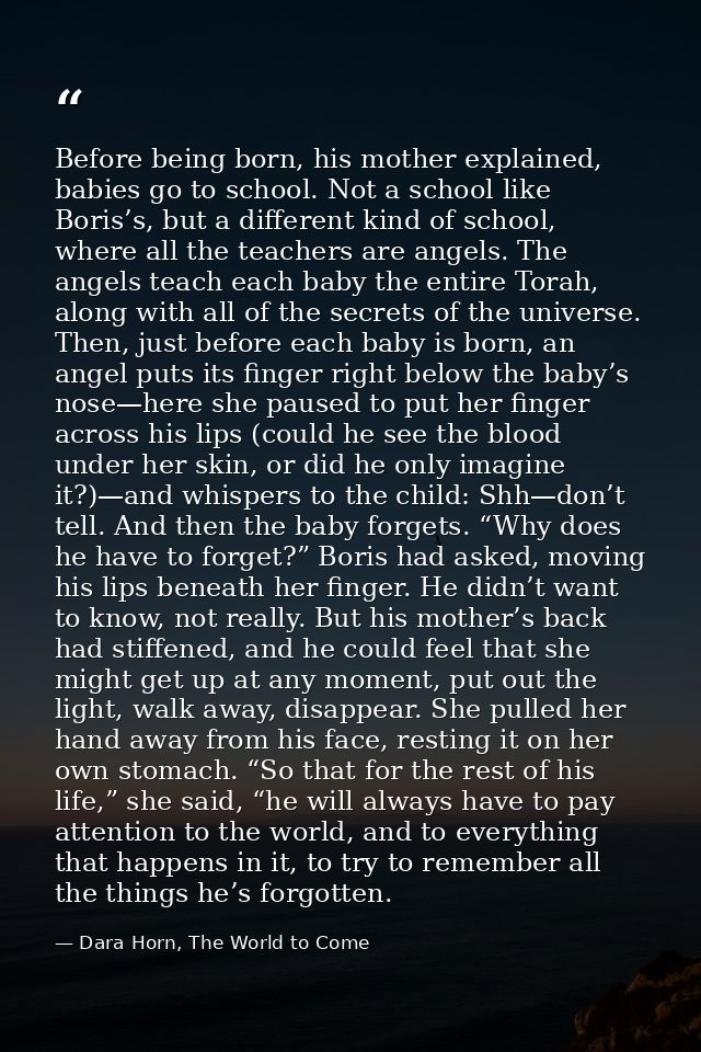 Before being born, his mother explained, babies go to school. Not a school like Boris’s, but a different kind of school, — Dara Horn, The World to Come