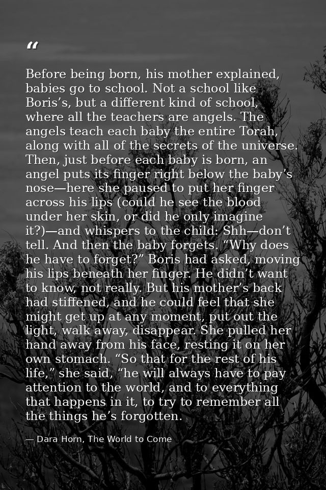 Before being born, his mother explained, babies go to school. Not a school like Boris’s, but a different kind of school, — Dara Horn, The World to Come
