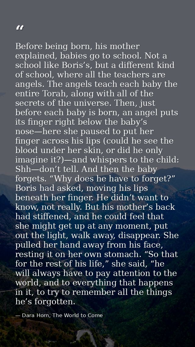 Before being born, his mother explained, babies go to school. Not a school like Boris’s, but a different kind of school, — Dara Horn, The World to Come