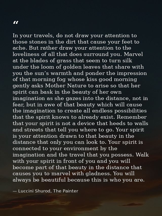 In your travels, do not draw your attention to those stones in the dirt that cause your feet to ache. But rather draw yo — Luccini Shurod, The Painter