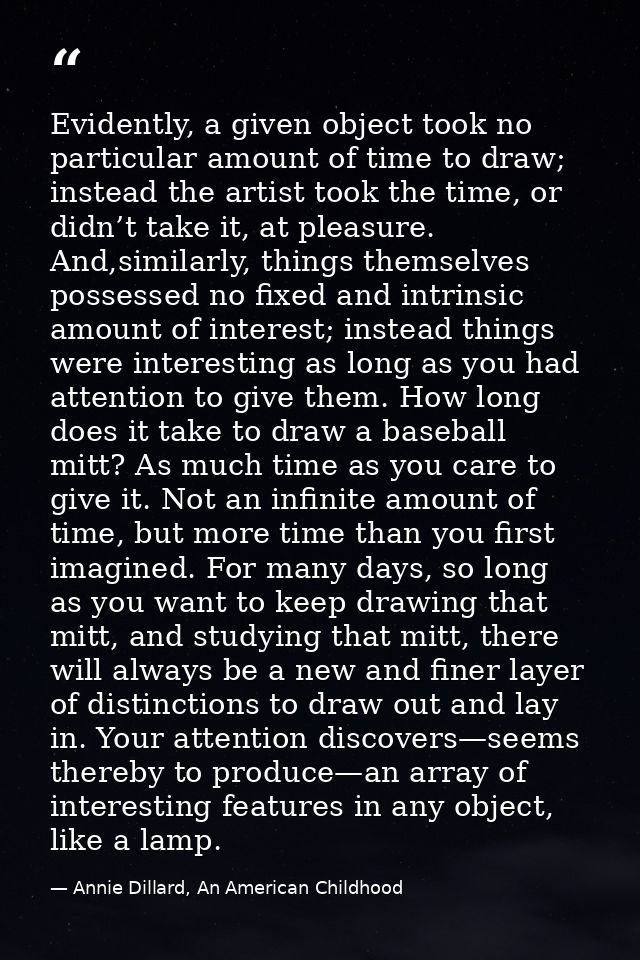 Evidently, a given object took no particular amount of time to draw; instead the artist took the time, or didn’t take it — Annie Dillard, An American Childhood