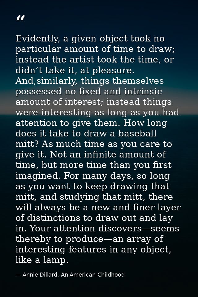 Evidently, a given object took no particular amount of time to draw; instead the artist took the time, or didn’t take it — Annie Dillard, An American Childhood
