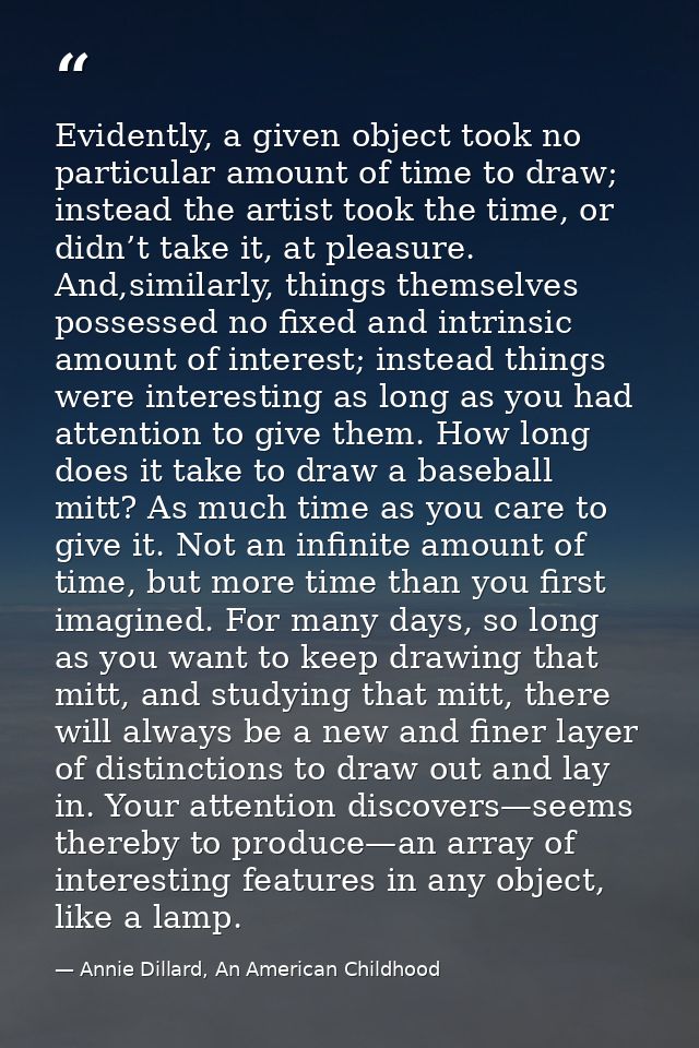 Evidently, a given object took no particular amount of time to draw; instead the artist took the time, or didn’t take it — Annie Dillard, An American Childhood